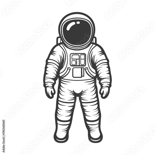 A stylized illustration of an astronaut standing in space suit