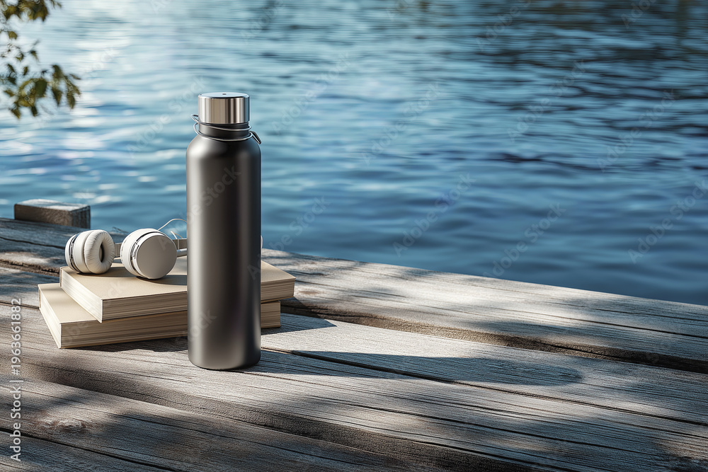 Fototapeta premium Black reusable metal water bottle with headphones and books on a wooden pier by the blue lake, healthy lifestyle and relaxation concept at sunset.