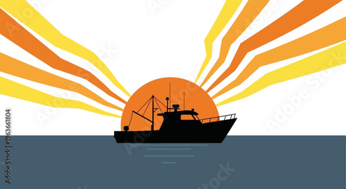 A silhouette of a fishing boat sailing towards a vibrant sunset on the horizon