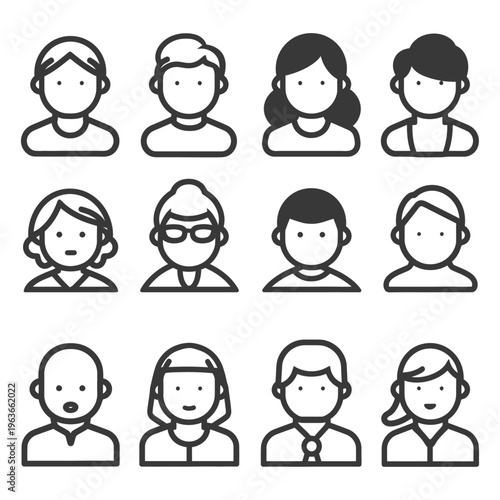 Simple minimalist illustrations of people showing various hairstyles and appearances