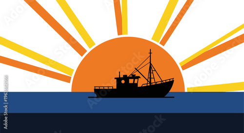 Serene silhouette of a fishing boat at sunrise over calm waters