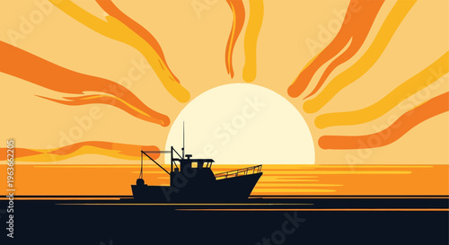 Serene sunset scene with a silhouette of a fishing boat on calm waters