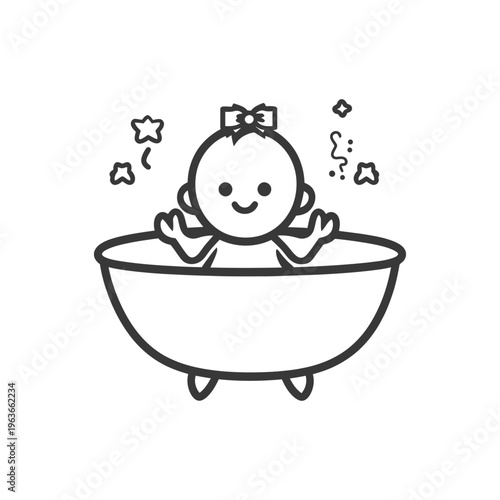 A happy baby is enjoying a relaxing bath in the tub