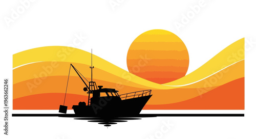 Silhouette of a fishing boat at sunset with vibrant orange hues and serene water