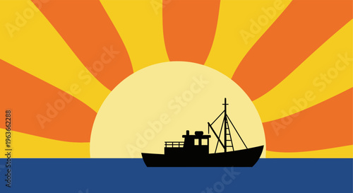 A serene silhouette of a fishing boat at sunrise over calm waters