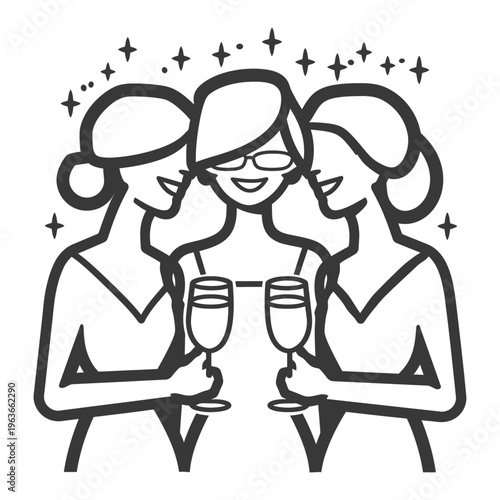 Three women celebrating together with champagne glasses and stars