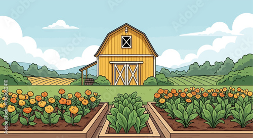 A serene farm scene with a yellow barn and vibrant flower and vegetable gardens