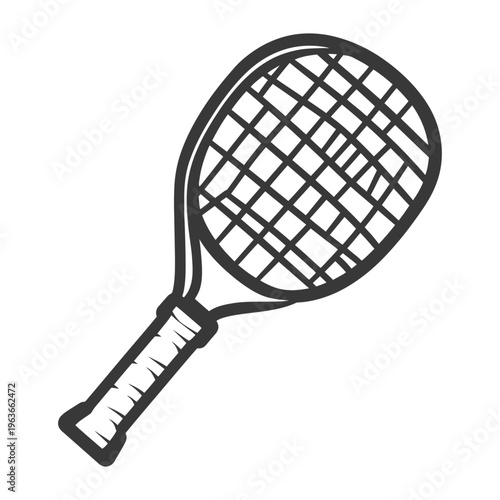 A monochrome illustration showing a tennis racket on a white background