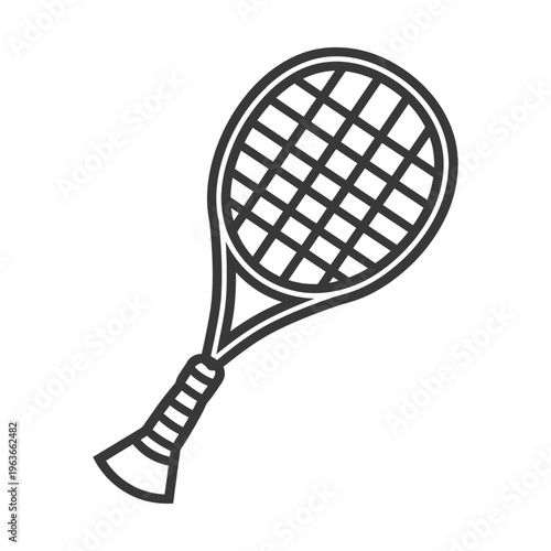 A black and white simple illustration of a tennis racket