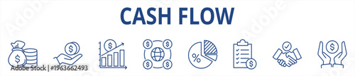 Cash flow web banner icon set coloroutline multistyle vector illustrations concept