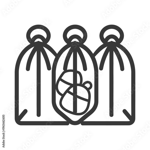 Three decorative sacks containing stylized objects with string closures