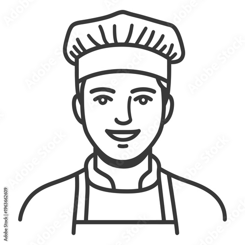 Smiling chef wearing a tall white hat and an apron looks forward