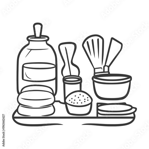 A graphic illustration showing shaving and grooming accessories and products