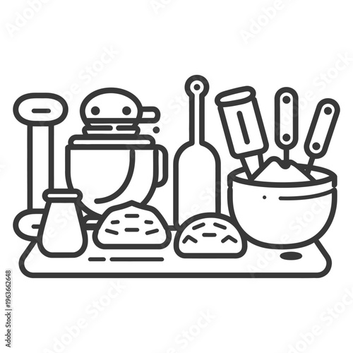 Black and white illustration of baking equipment and ingredients