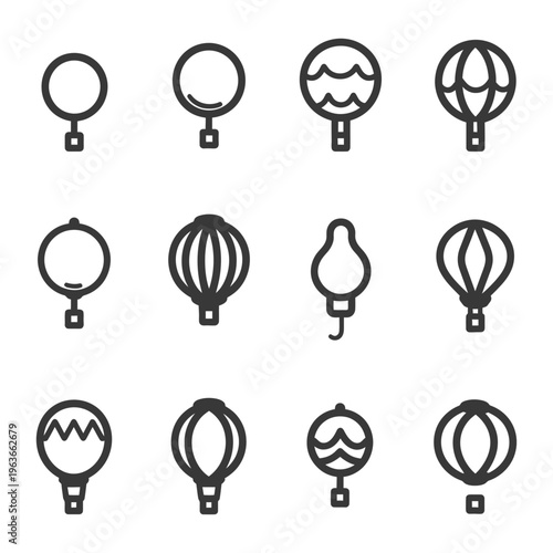 The image displays various stylized hot air balloon icons