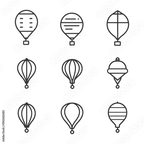 Nine different stylized representations of hot air balloons in a grid
