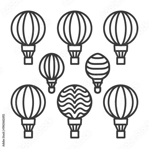 Simplified line art of several hot air balloons in the air