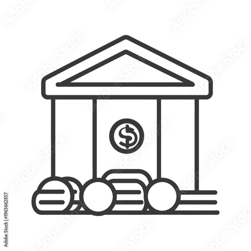 A simple line drawing of a building representing banking