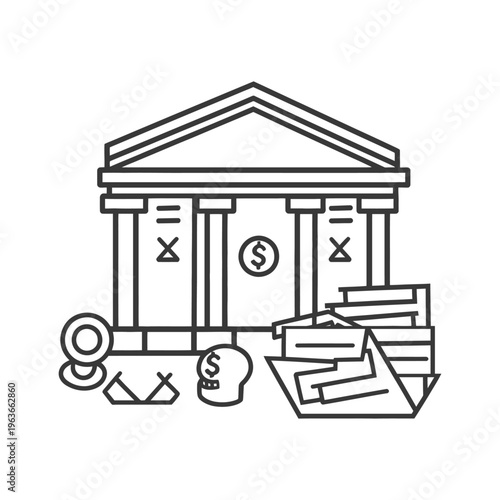 Illustration showing a banking institution and associated financial concepts