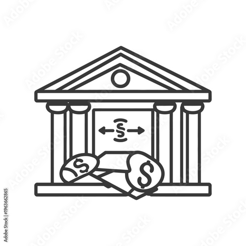 A bank building illustration with coins representing financial transactions