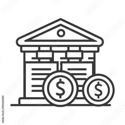 A simplified vector illustration of a financial institution with coins
