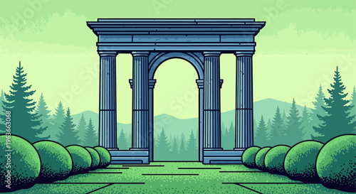 A serene landscape featuring an ancient stone archway in a forest clearing with manicured bushes and trees