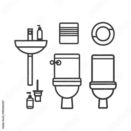 Simple black and white illustrations depicting bathroom fixtures and accessories