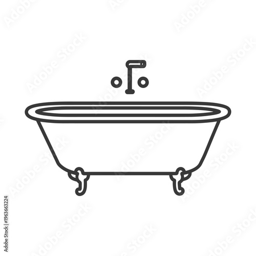 A simple black and white illustration of a bathtub and faucet