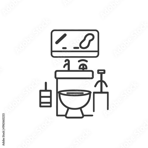 A bathroom illustration with a mirror sink and toilet inside