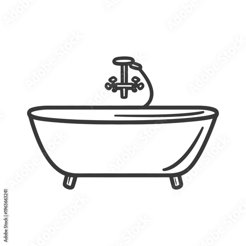 A simple black and white illustration depicting a bathtub and faucet