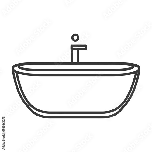 A simple outline drawing depicting a bathroom wash basin and faucet