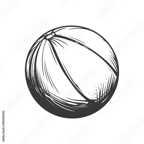 Detailed black and white ink drawing of a spherical ball