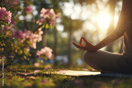 Silhouette of woman in lotus pose with gyan mudra, meditating outdoors in a blooming spring garden at sunset. Yoga and mindfulness concept.