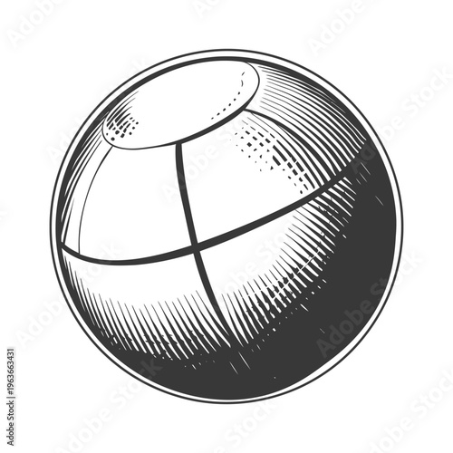 A stylized black and white illustration depicting a spherical object