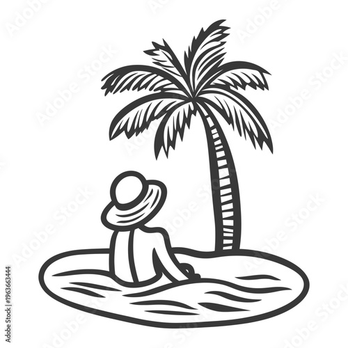 A person relaxing on a small island next to a palm tree