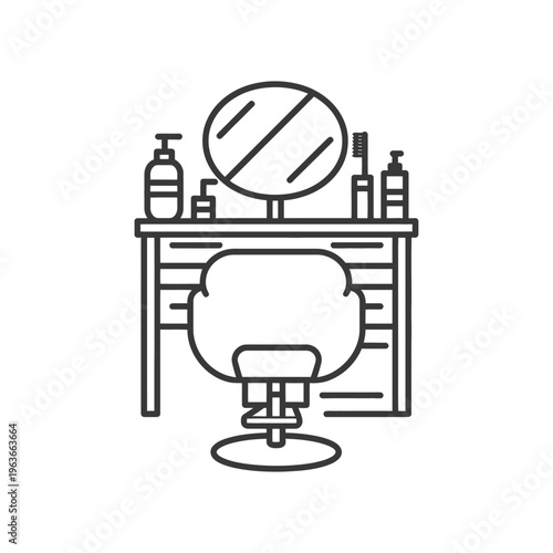A simple line drawing depicts a hair salon styling area