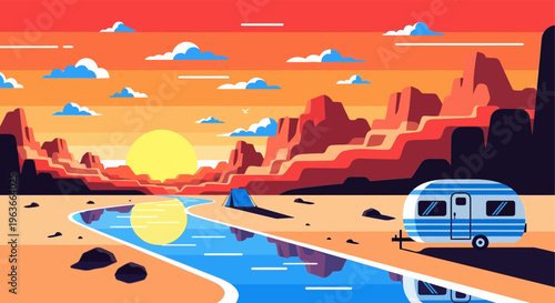 Vibrant desert landscape with camper trailer and serene waterway at sunset
