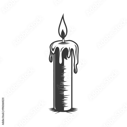 A burning candle with melting wax and a flickering flame