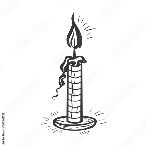 A single lit candle with dripping wax and a glowing flame