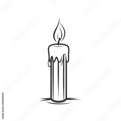 A burning candle with melting wax in a simple black illustration