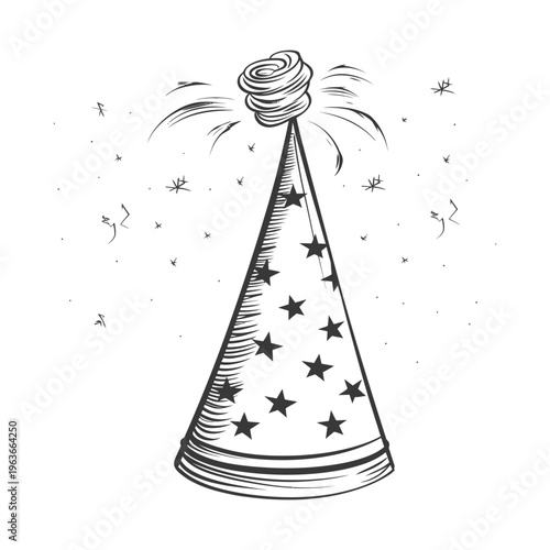 A conical party hat decorated with stars and a noisemaker
