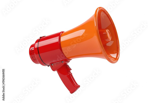 Vibrant red megaphone with orange bell for announcements and public speaking