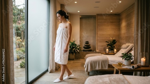 Young woman in a white towel and slippers walks peacefully in a modern, luxurious spa lounge, looking out a large window before a relaxing wellness treatment.
