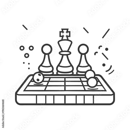 A simplified monochrome illustration depicts chess pieces on a chessboard