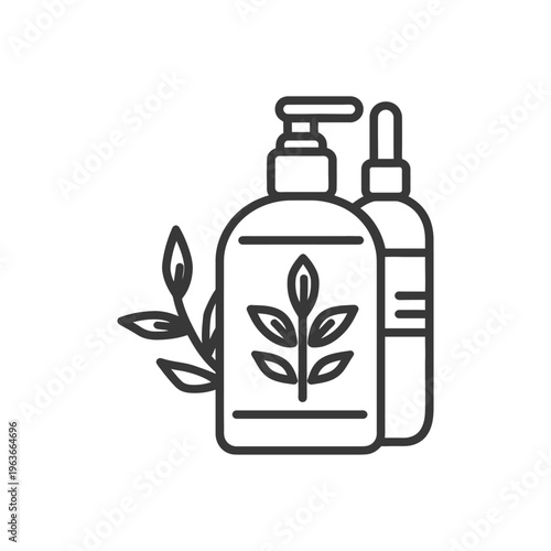 Vector illustration depicts cosmetic bottles with attached decorative leaves
