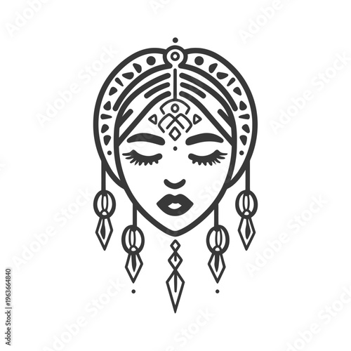 A stylized illustration of a feminine face wearing ornamentation