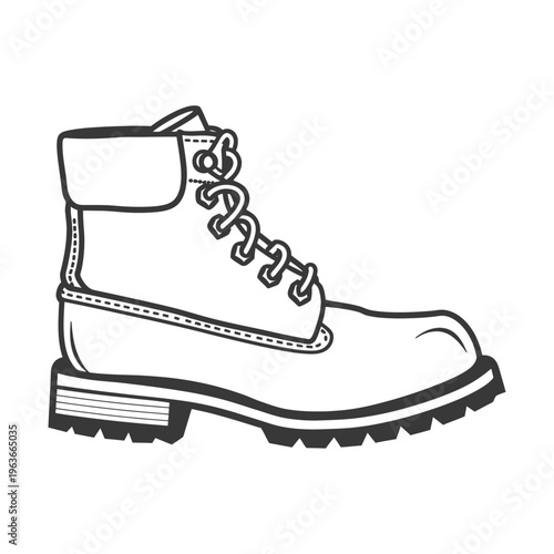 A detailed black and white illustration of a sturdy boot