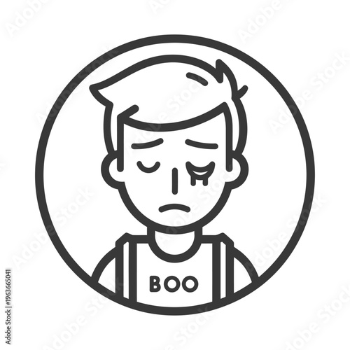 A black and white illustration of a sad person crying