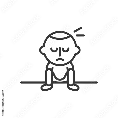 A simple black and white illustration of a sad child