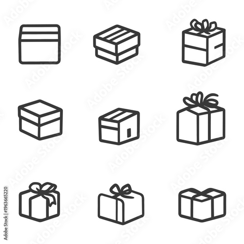 Various gift boxes and packages are displayed with bows